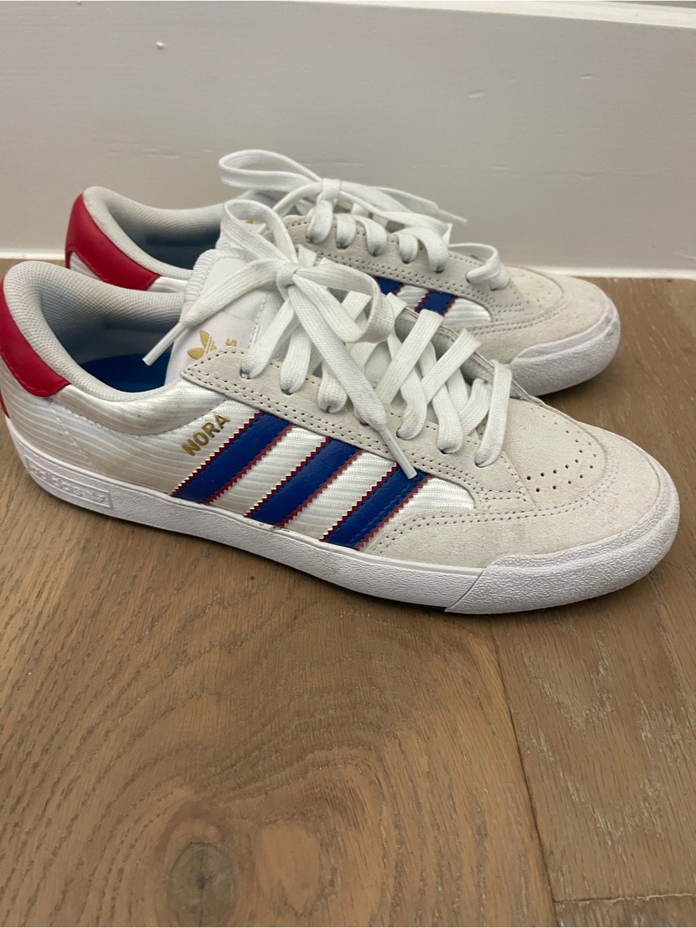 adidas Kids Nora White Suede Sneakers with Blue Stripes & Red Heel